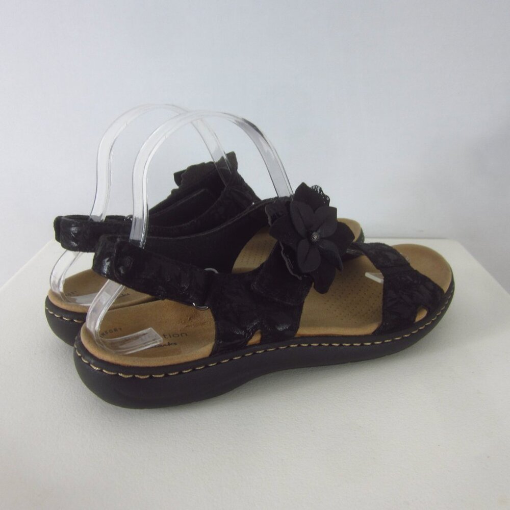 New Clarks Laurieann Bea Women 8.5 M Black Leather Floral Ankle Strap Sandals - Picture 9 of 15